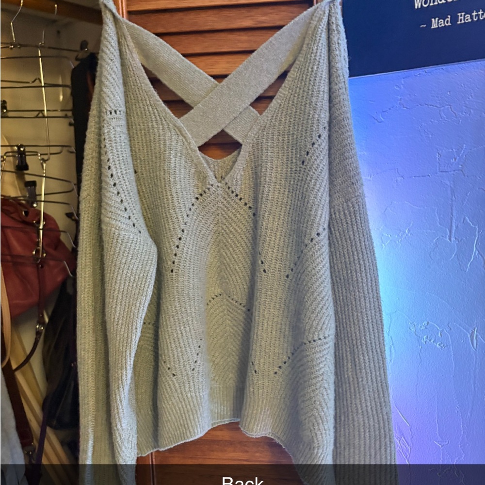 Buckle V-Neck Sweater with Crisscross Back - Light Gray